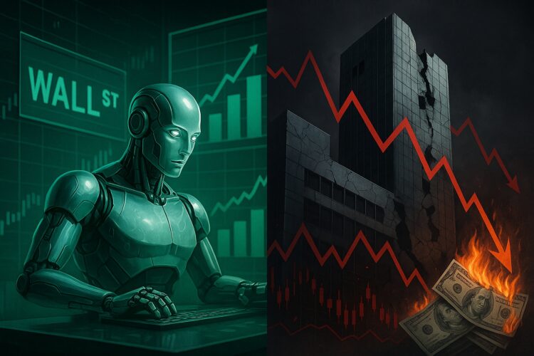 Androide en Wall Street con gráficos verdes frente a torre financiera agrietada y billetes ardiendo