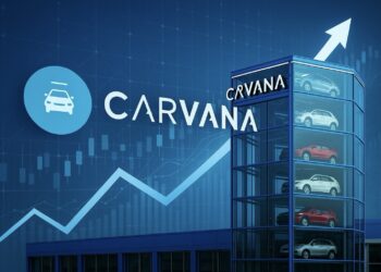 Torre de autos de Carvana con logotipo visible y gráfico financiero ascendente en fondo azul tecnológico