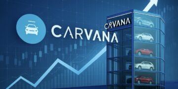 Torre de autos de Carvana con logotipo visible y gráfico financiero ascendente en fondo azul tecnológico