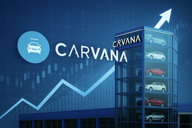 Torre de autos de Carvana con logotipo visible y gráfico financiero ascendente en fondo azul tecnológico
