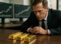 Inversor trajeado observa tres lingotes de oro sobre una mesa de negociación con monitores financieros detrás