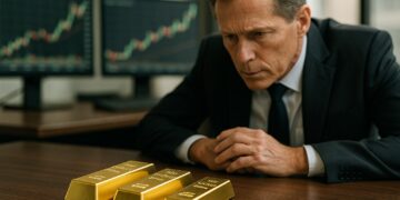 Inversor trajeado observa tres lingotes de oro sobre una mesa de negociación con monitores financieros detrás