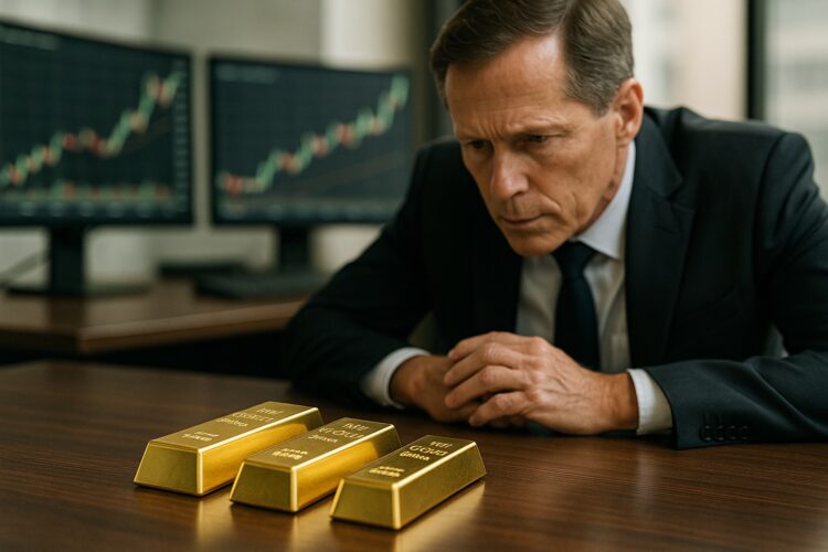 Inversor trajeado observa tres lingotes de oro sobre una mesa de negociación con monitores financieros detrás