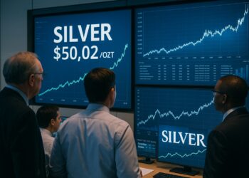Inversores en una sala financiera moderna observan pantallas con el precio de la plata superando los 50 dólares por onza.