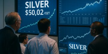 Inversores en una sala financiera moderna observan pantallas con el precio de la plata superando los 50 dólares por onza.