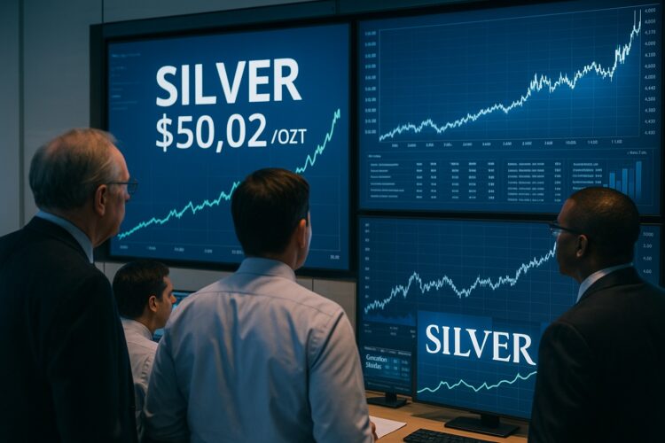 Inversores en una sala financiera moderna observan pantallas con el precio de la plata superando los 50 dólares por onza.