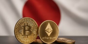 Monedas de Bitcoin y Ethereum frente a la bandera de Japón simbolizan apertura financiera cripto.