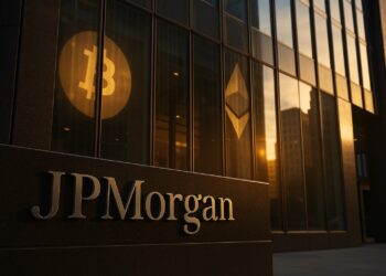Fachada del edificio de JPMorgan con reflejos digitales que evocan su apertura a las criptomonedas.