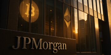 Fachada del edificio de JPMorgan con reflejos digitales que evocan su apertura a las criptomonedas.