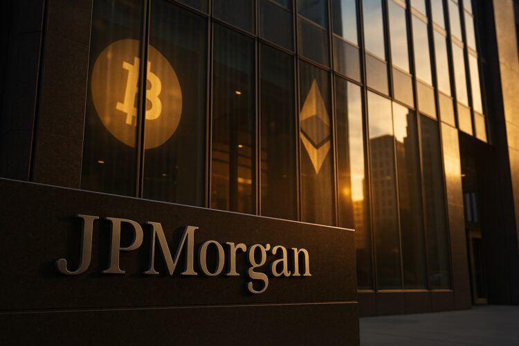Fachada del edificio de JPMorgan con reflejos digitales que evocan su apertura a las criptomonedas.