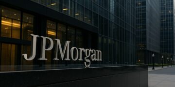 Edificio de vidrio con el logo de JPMorgan visible en distrito financiero con reflejos urbanos