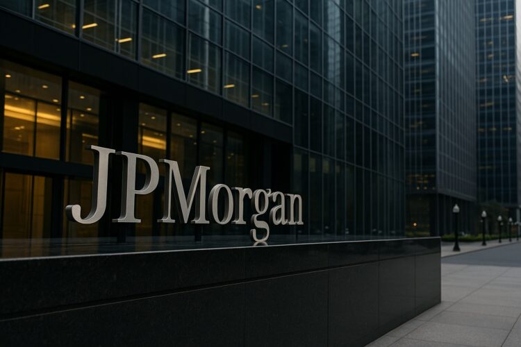 Edificio de vidrio con el logo de JPMorgan visible en distrito financiero con reflejos urbanos