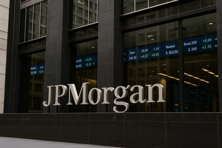 Edificio de JPMorgan en Nueva York con logo visible y pantallas de cotizaciones bursátiles al fondo