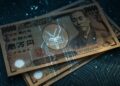 Billetes de yenes con proyecciones digitales que simbolizan la stablecoin respaldada de JPYC.