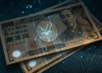 Billetes de yenes con proyecciones digitales que simbolizan la stablecoin respaldada de JPYC.