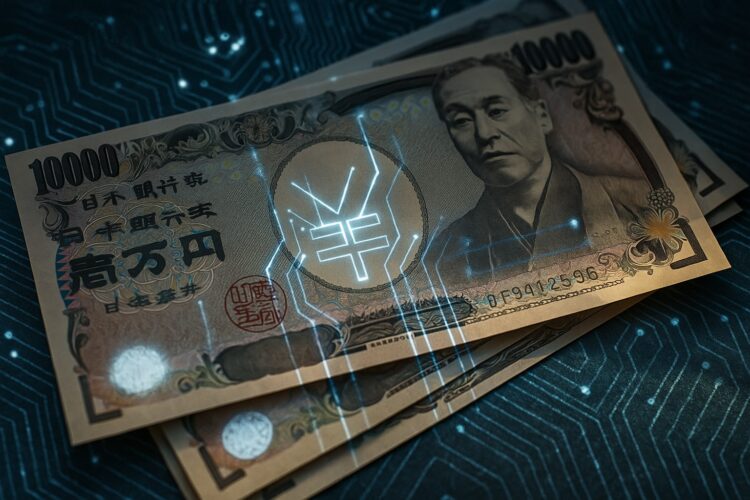 Billetes de yenes con proyecciones digitales que simbolizan la stablecoin respaldada de JPYC.