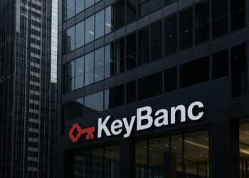 Edificio de vidrio con el logo de KeyBanc visible en entorno urbano corporativo