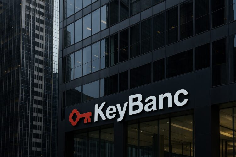 Edificio de vidrio con el logo de KeyBanc visible en entorno urbano corporativo