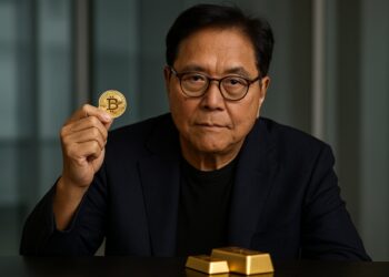 Robert Kiyosaki sostiene una moneda de Bitcoin junto a lingotes de oro en un entorno financiero sobrio.