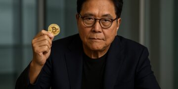 Robert Kiyosaki sostiene una moneda de Bitcoin junto a lingotes de oro en un entorno financiero sobrio.