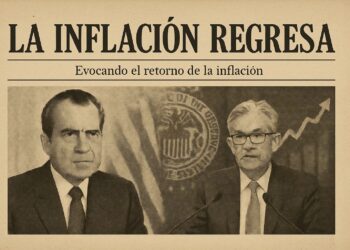 Composición en estilo de periódico antiguo con Richard Nixon y Jerome Powell bajo el titular “La inflación regresa”.