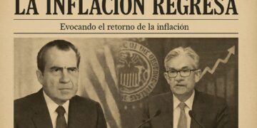 Composición en estilo de periódico antiguo con Richard Nixon y Jerome Powell bajo el titular “La inflación regresa”.
