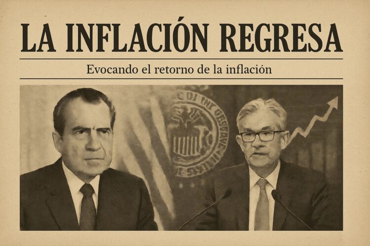 Composición en estilo de periódico antiguo con Richard Nixon y Jerome Powell bajo el titular “La inflación regresa”.
