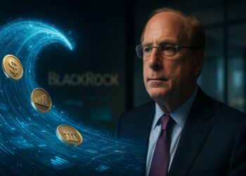 Larry Fink observa una ola digital con tokens financieros que simboliza la tokenización global.