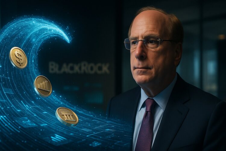 Larry Fink observa una ola digital con tokens financieros que simboliza la tokenización global.