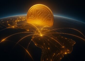 Mapa nocturno de América Latina con red financiera que simboliza stablecoins.