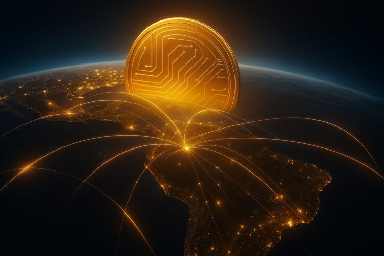 Mapa nocturno de América Latina con red financiera que simboliza stablecoins.