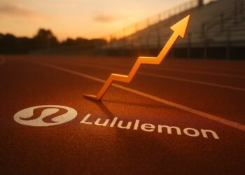 Pista deportiva con flecha ascendente y logo de Lululemon, símbolo de crecimiento financiero.