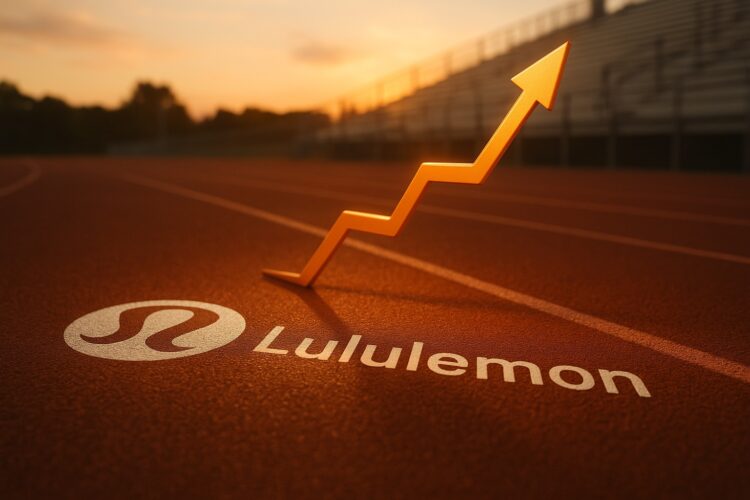 Pista deportiva con flecha ascendente y logo de Lululemon, símbolo de crecimiento financiero.