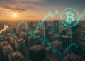 Vista aérea del distrito financiero de Luxemburgo con gráficos digitales de Bitcoin superpuestos al atardecer.