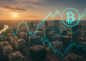 Vista aérea del distrito financiero de Luxemburgo con gráficos digitales de Bitcoin superpuestos al atardecer.
