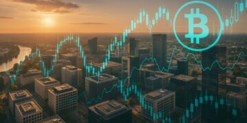 Vista aérea del distrito financiero de Luxemburgo con gráficos digitales de Bitcoin superpuestos al atardecer.