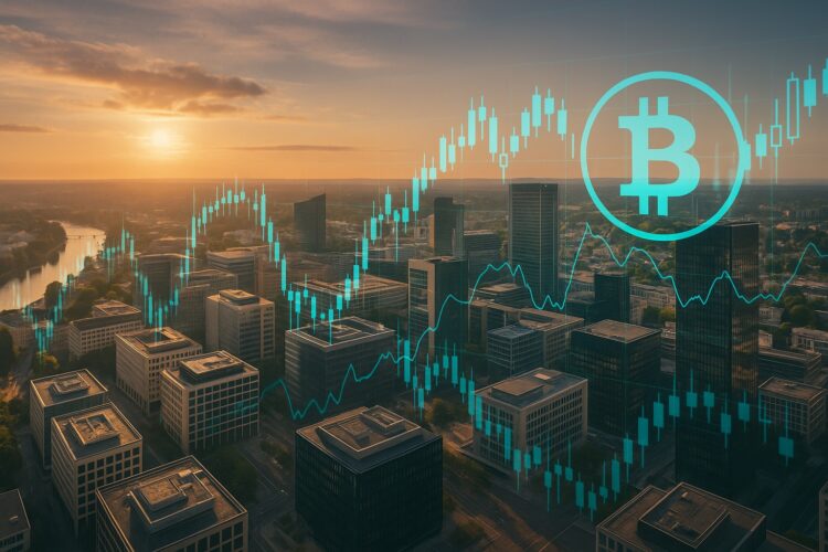 Vista aérea del distrito financiero de Luxemburgo con gráficos digitales de Bitcoin superpuestos al atardecer.