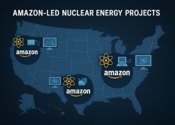 Mapa de Estados Unidos con iconos atómicos y tecnológicos que señalan proyectos de energía nuclear liderados por Amazon