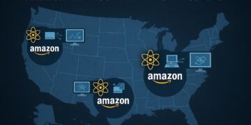 Mapa de Estados Unidos con iconos atómicos y tecnológicos que señalan proyectos de energía nuclear liderados por Amazon