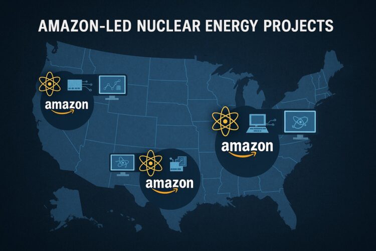 Mapa de Estados Unidos con iconos atómicos y tecnológicos que señalan proyectos de energía nuclear liderados por Amazon