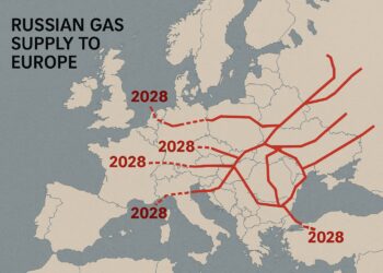Mapa europeo con líneas rojas que representan rutas de gas ruso interrumpidas y marcadas con cortes hacia 2028