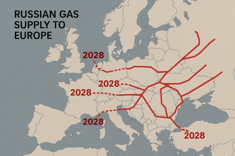 Mapa europeo con líneas rojas que representan rutas de gas ruso interrumpidas y marcadas con cortes hacia 2028