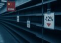 Pasillo de supermercado chino vacío con etiquetas de precios en descenso y tonos fríos