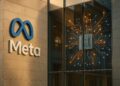 Fachada principal de Meta con su logotipo grande al centro y entorno tecnológico moderno.