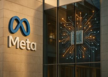 Fachada principal de Meta con su logotipo grande al centro y entorno tecnológico moderno.