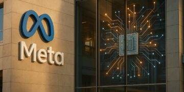 Fachada principal de Meta con su logotipo grande al centro y entorno tecnológico moderno.