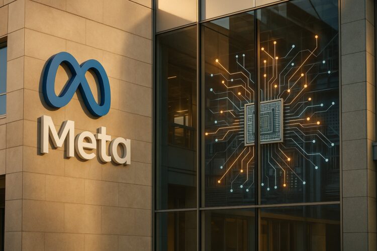 Fachada principal de Meta con su logotipo grande al centro y entorno tecnológico moderno.