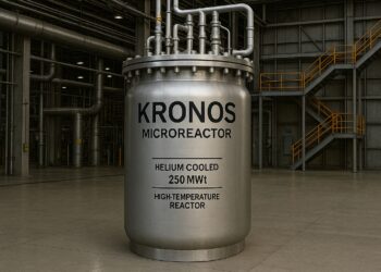Reactor nuclear KRONOS con etiquetas técnicas en instalación industrial con estructuras metálicas y tuberías