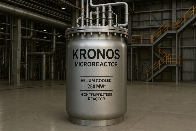 Reactor nuclear KRONOS con etiquetas técnicas en instalación industrial con estructuras metálicas y tuberías