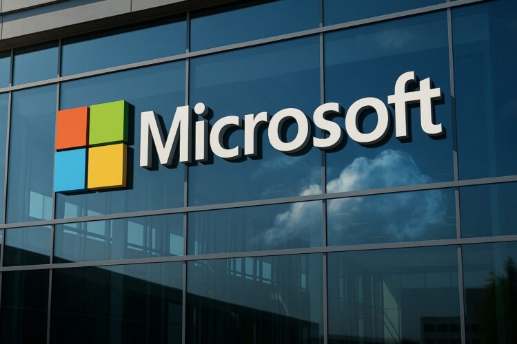Fachada del edificio de Microsoft con su logotipo grande y reflejos que evocan Azure y crecimiento.
